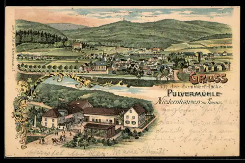 Lithographie Niedernhausen im Taunus, Totalansicht mit Kellerskopf-Turm und Pulvermühle
