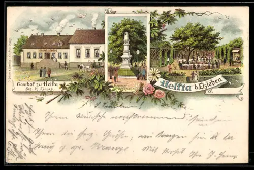 Lithographie Helfta b. Eisleben, Kriegerdenkmal, Gasthof zu Helfta, Bes. H. Zieger