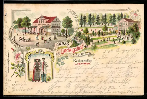 Lithographie Ahnsen /Schaumburg, Menschen in Tracht, Gasthof Ludwigslust, Inh. L. Dettmer