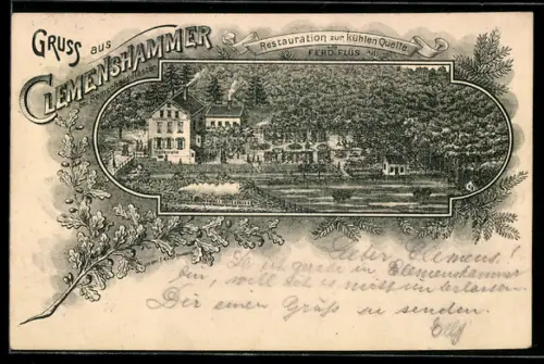 Lithographie Clemenshammer, Vogelschau auf Restaurant zur Kühlen Quelle, Inh. Ferd. Flüs