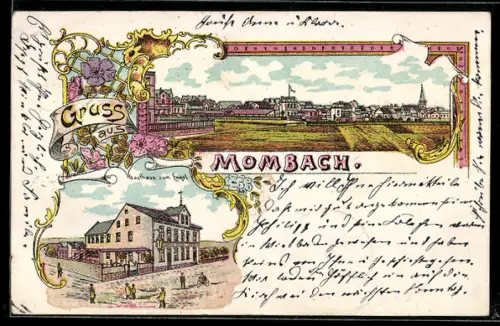 Lithographie Mombach, Totalansicht mit Kirche und Gasthaus zum Engel