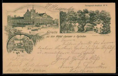 Lithographie Opladen, Aussenansicht und Tanzsaal Hôtel Hansen