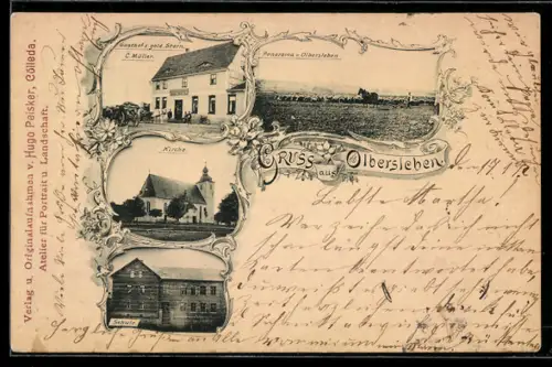 AK Olbersleben, Totalansicht mit Weidetieren und Gasthof z. gold. Stern, Inh. C. Müller