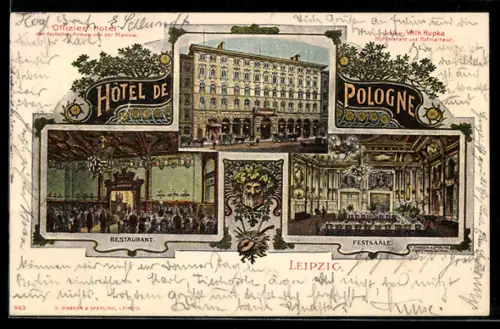 Lithographie Leipzig, Hôtel de Pologne, Inh. Wilh. Hupka, Aussenansicht, Restaurant und Festsaal
