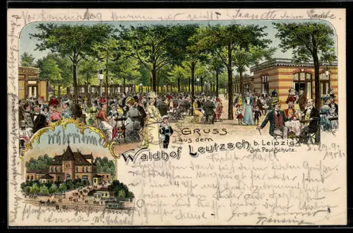 Lithographie Leutzsch b. Leipzig, Gasthof, Gästebereich und Aussenansicht, Inh. Paul Schulz, Strassenbahn