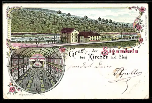 Lithographie Kirchen a. d. Sieg, Sigambria, Bahnhofspanorama und Speisesaal