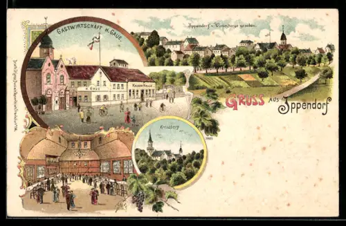 Lithographie Ippendorf, Totalansicht vom Venusberg, Gasthaus H. Gaue und Kreuzberg