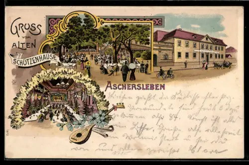 Lithographie Aschersleben, Gasthof zum alten Schützenhause mit Saal