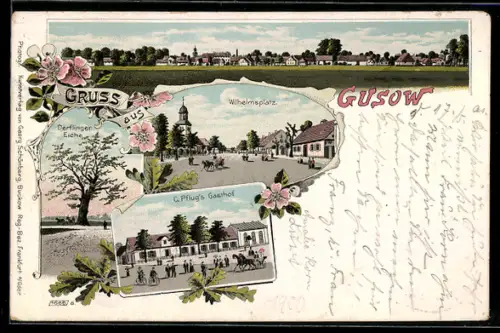 Lithographie Gusow, Totalansicht, Partie am Wilhelmsplatz und Gasthof, Inh. C. Pflug