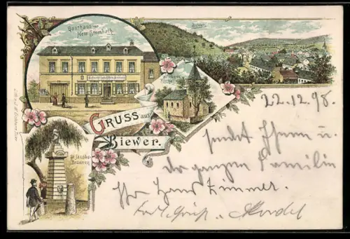 Lithographie Biewer, Totalansicht, Gasthaus, Inh. Hein. Steinbach und St. Jacobs-Brunnen