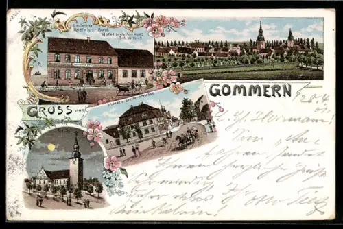 Lithographie Gommern, Totalansicht mit Kirche, Hotel Deutsches Haus, Inh. W. Roch, Kirche bei Nacht