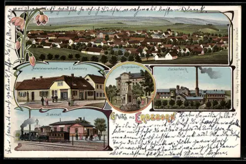 Lithographie Erdeborn, Zuckerfabrik, Bahnhof und Kriegerdenkmal