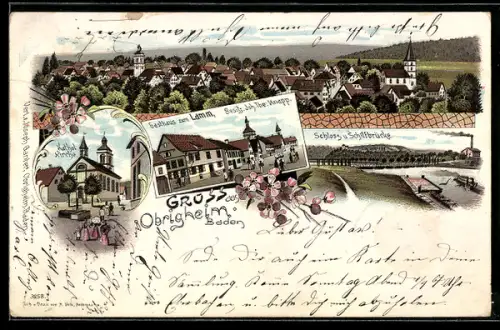 Lithographie Obrigheim /Baden, Totalansicht mit Kirche und Umgebung, Gasthaus zum Lamm, Bes. Joh. Theo. Knapp