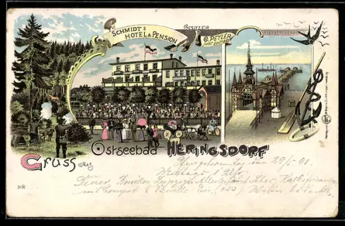 Lithographie Heringsdorf, Schmidt`s Hotel mit Gästen, Partie am Hafen