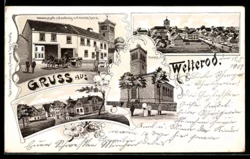 Lithographie Welterod, Gastwirtschaft und Handlung von Heinrich Kern, Kirche, Ortspartie