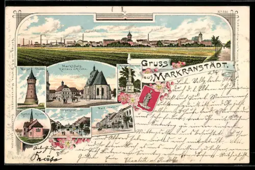Lithographie Markranstädt, Totalansicht, Marktplatz, Wasser-Turm, Katholische Kirche und Leipziger Strasse