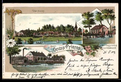 Lithographie Prieros i. M., Totalansicht, Mühle und Colonialwaren-Handlung, Inh. Ivan Katschmarick