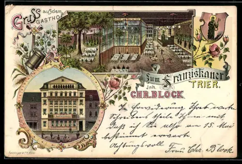 Lithographie Trier, Gasthof Zum Franziskaner, Inh. Chr. Block, Innen- und Aussenansicht