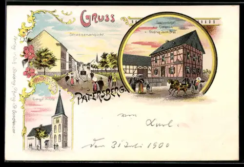 Lithographie Patersberg, Gasthaus zum Rosenstock, Evangelische Kirche, Strassenpartie