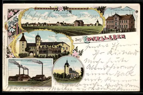 Lithographie Emersleben, Sophien-Krankenhaus, Rittergut, Schmidts Ziegelei, Totalansicht