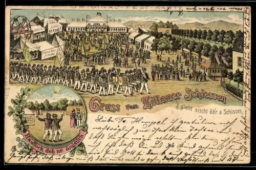 Lithographie Zittau, Schützenfest mit Orchester und Schaukeln