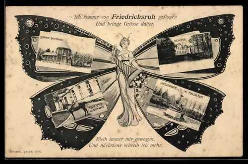 Schmetterling-AK Friedrichsruh, Verschiedene Ortspartien, Schmetterlingsflügel als Passepartout