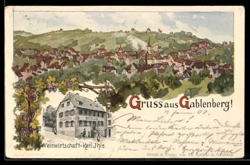 Lithographie Gablenberg, Totalansicht mit Kirche und Gasthaus, Inh. Karl Ihle