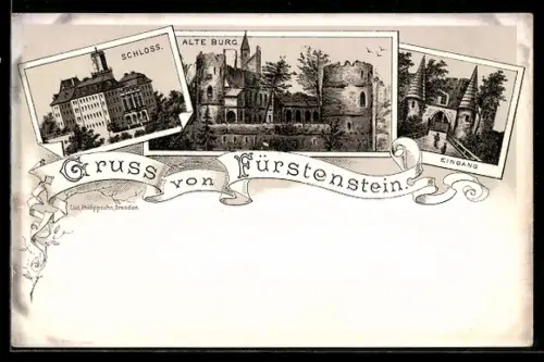 Lithographie Fürstenstein, Schloss, Alte Burg und Eingang zur Burg
