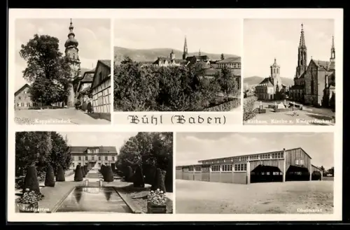 AK Bühl /Baden, Kappelwindeck, Rathaus Kirche u. Kriegerdenkmal, Stadtgarten, Obstmarkt