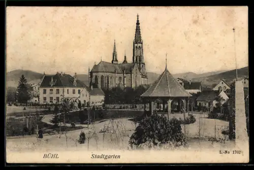 AK Bühl, Stadtgarten, Kirche, Pavillon