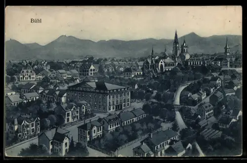 AK Bühl, Stadtansicht mit Kirche und öffentlichen Gebäuden