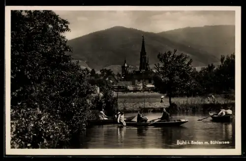 AK Bühl i. Baden, Böhlersee, Blick auf Kirche und Boote