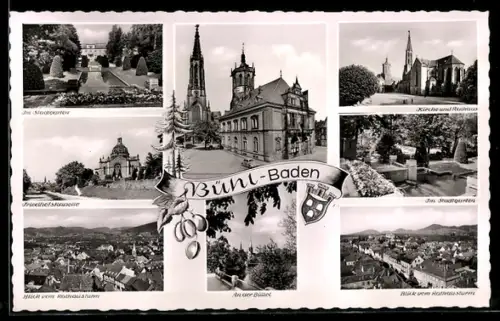 AK Bühl /Baden, Kirche und Rathaus, Stadtgarten, Blick vom Rathausturm