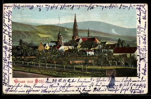 AK Bühl, Stadtansicht mit Kirche und Weinbergen