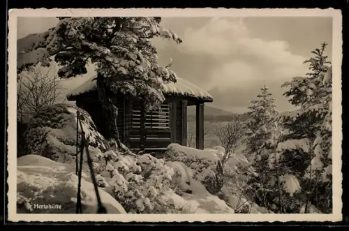 AK Bühl, Herthahütte im Winter, Falkenfelsen, Bühler Höhengebiet