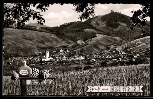 AK Neuweier /Schwarzwald, Weinort, Blick auf Burgruine Yburg, Kirche