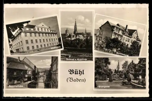 AK Bühl /Baden, Rathaus und Stadtkirche, Oberschule, Stadtgarten