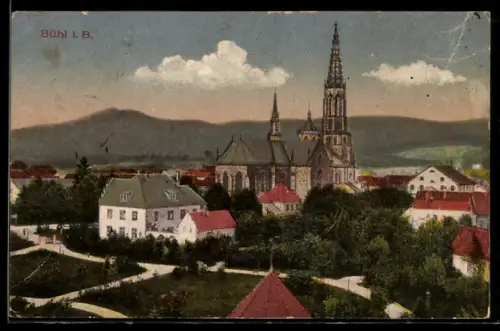 AK Bühl i. B., Stadtansicht mit Kirche und Wohnhäusern