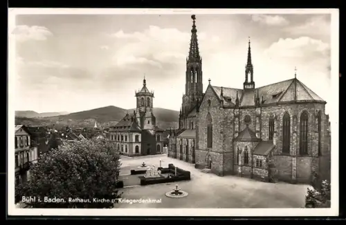 AK Bühl i. Baden, Rathaus, Kirche und Kriegerdenkmal