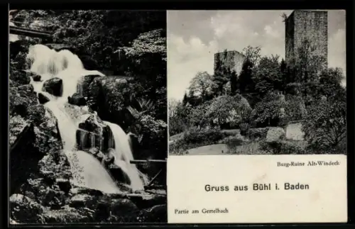AK Bühl i. Baden, Burg-Ruine Alt-Windeck, Partie am Gertelbach