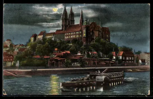 AK Meissen, Flusspartie mit Dampfschiff im Mondschein