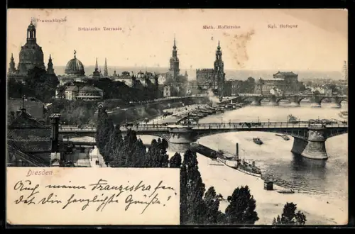 AK Dresden, Frauenkirche, Brühlsche Terrasse, Kath. Hofkirche, Kgl. Hoftheater