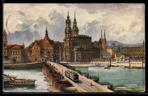 AK Dresden, Augustusbrücke mit Strassenbahn