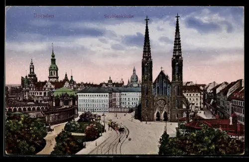 AK Dresden, Sophienkirche, Strassenbahn