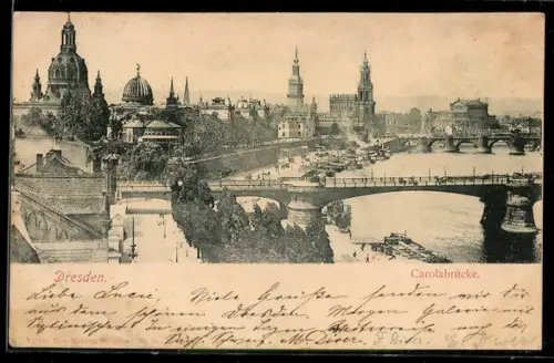 AK Dresden, Carolabrücke mit Flusspartie