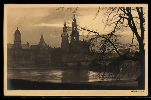 AK Dresden, Panorama bei Sonnenuntergang