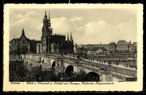 AK Dresden, Blick v. Neustadt m. Schloss, Zwinger, Hofkirche und Augustusbrücke