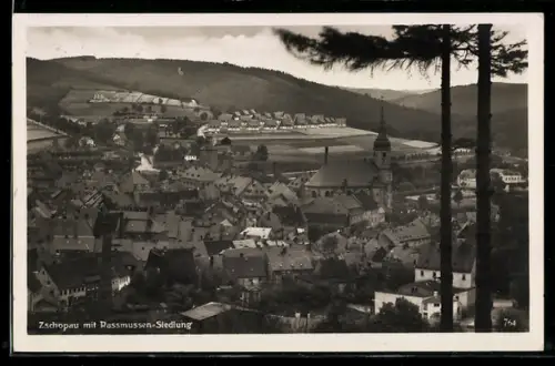 AK Zschopau, Teilansicht mit Kirche und Rassmussen-Siedlung