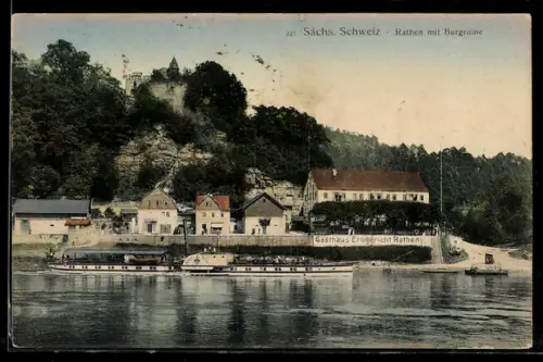 AK Rathen, MS Graf Moltke auf der Elbe mit Blick auf die Burgruine