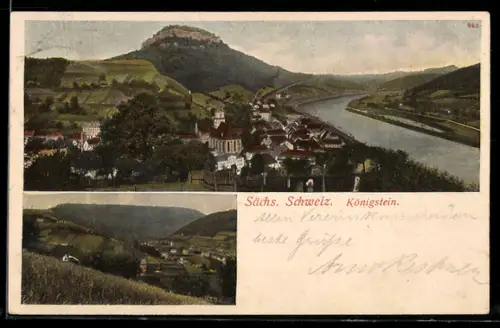 AK Königstein, Panorama mit Festung und Elbe